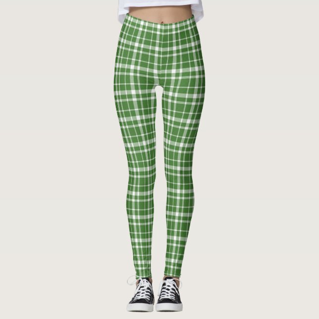 St. Patricks Day Green and White Plaid Leggings (Front)