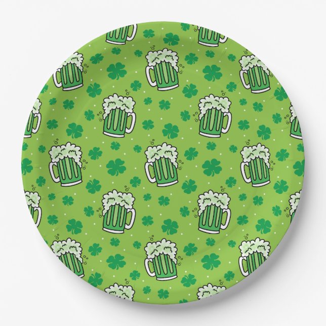 St Patrick's Day Green Beer Pattern Paper Plate (Front)