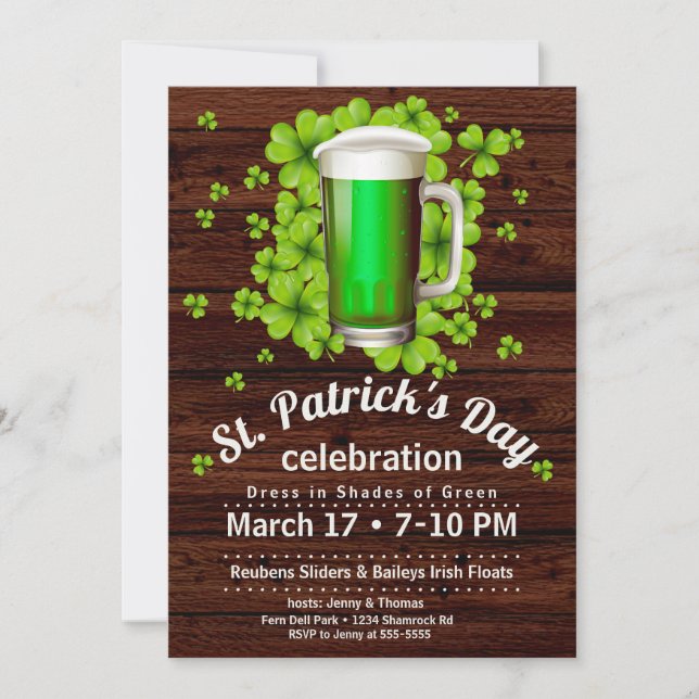 St. Patrick's Day Green Beer & Shamrocks on Wood Invitation (Front)