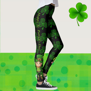 St. Patrick's Day Green & Black Shamrocks Pattern  Leggings