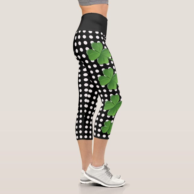 St Patricks Day Green Black White Polka Dot Capri Leggings (Right)