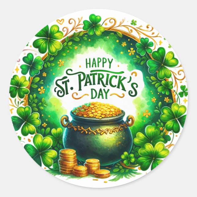 St Patricks Day Green Cauldron Coins Illustration Classic Round Sticker (Front)