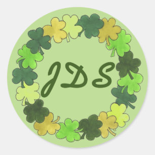 St. Patrick's Day Green Clover Shamrock Monogram Classic Round Sticker