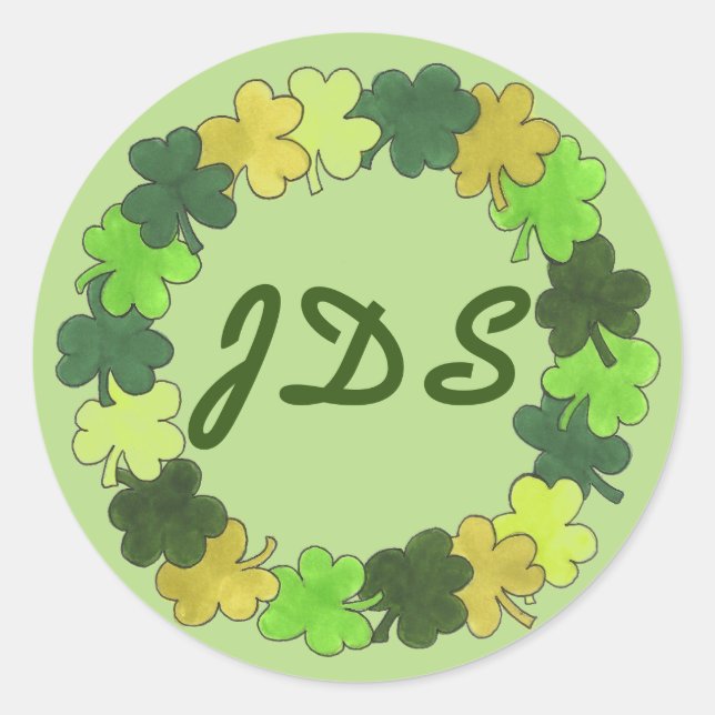 St. Patrick's Day Green Clover Shamrock Monogram Classic Round Sticker (Front)