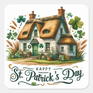 St Patricks Day Green Cottage Clover Illustration Square Sticker