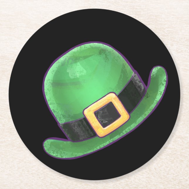 St Patricks Day Green Derby Hat on Black Round Paper Coaster (Front)