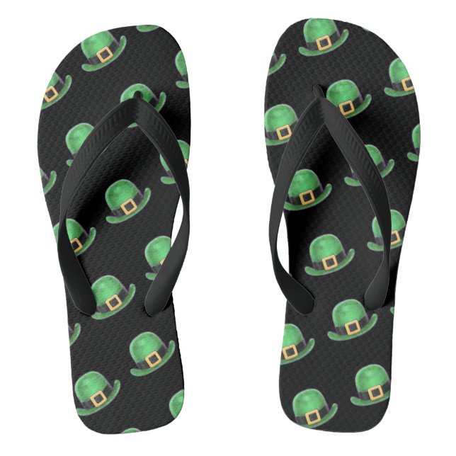 St Patrick's Day Green Derby Hat Pattern on Black Flip Flops (Footbed)