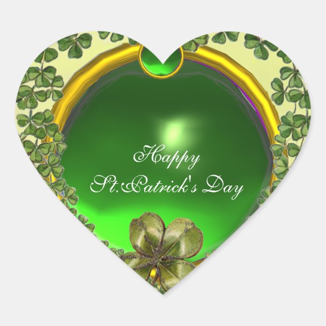 ST.PATRICK'S DAY GREEN EMERALD GEM SHAMROCK HEART HEART STICKER (Front)