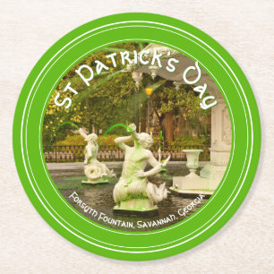 St Patrick's Day Green Forsyth Fountain Photo Round Paper Coaster