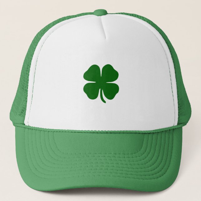 St Patricks Day Green Four Leaf Clover Lucky Irish Trucker Hat (Front)