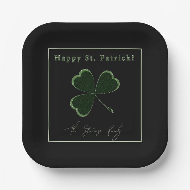 St. Patrick's Day, green glitter clover   Paper Plate (Front)