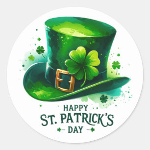 St Patricks Day Green Hat Shamrocks Illustration Classic Round Sticker