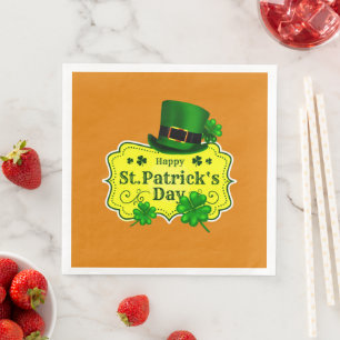 St Patricks Day Green Hat & Shamrocks Orange Large Napkin