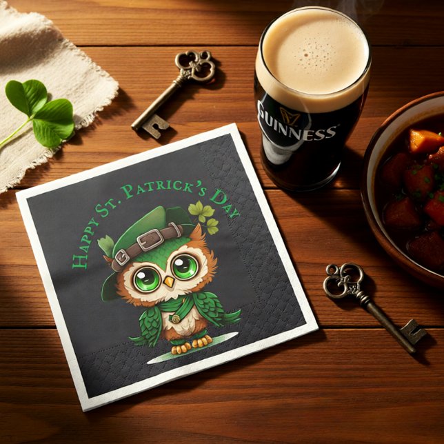 St. Patrick's Day Green Owl personalized  Napkin (Cute St. Patrick’s Day Owl Irish Green Holiday Napkins)