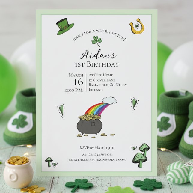 St Patricks Day Green Rainbow 1st Birthday Invitation (Irish First Birthday Rainbow Invite. Green Shamrock Pot of Gold St Patrick's Day 1st Birthday Party)