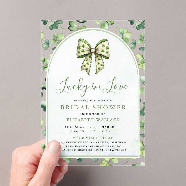 St Patrick's Day Green Shamrock Bow Bridal Shower Acrylic Invitations (Insitu (Handheld))