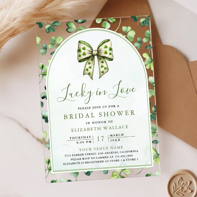 St Patrick's Day Green Shamrock Bow Bridal Shower Acrylic Invitations (Creator Uploaded)
