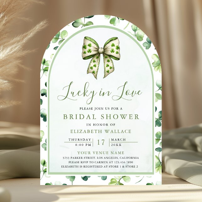St Patrick's Day Green Shamrock Bow Bridal Shower Invitation (Creator Uploaded)