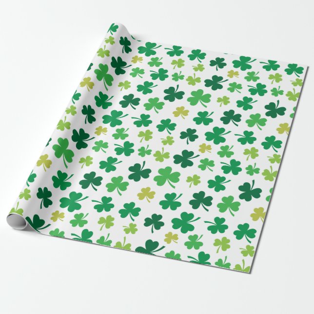 St Patricks Day Green Shamrock Clover Pattern Wrapping Paper (Unrolled)