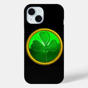 ST PATRICK'S DAY GREEN SHAMROCK GEMSTONE JEWEL iPhone 15 CASE
