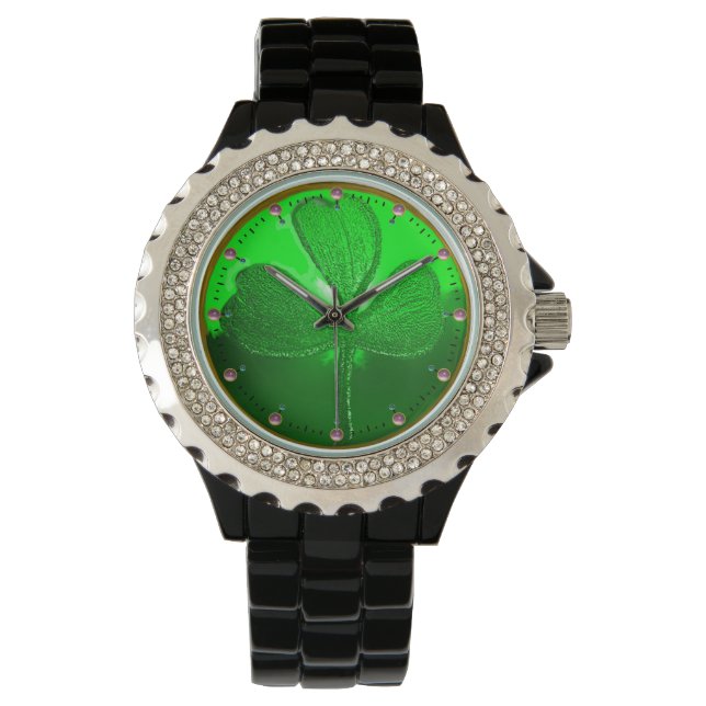 ST PATRICK'S DAY GREEN SHAMROCK GEMSTONE JEWEL WATCH (Front)