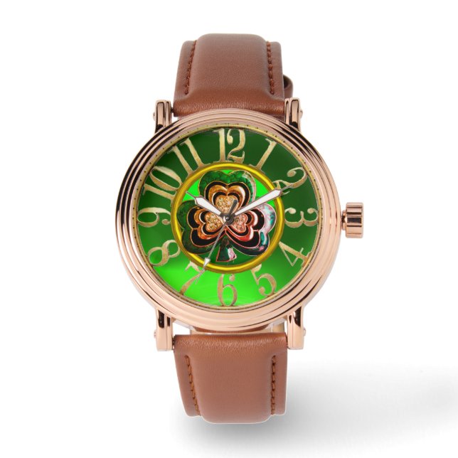 ST PATRICK'S DAY GREEN SHAMROCK GEMSTONE JEWEL WATCH (Front)