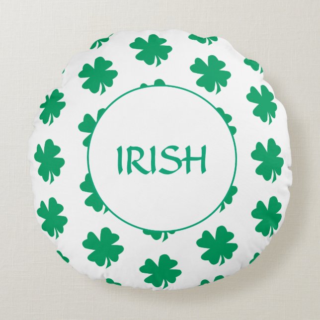 St Patrick's Day Green Shamrock Leaf Pattern Irish Round Cushion (Front)