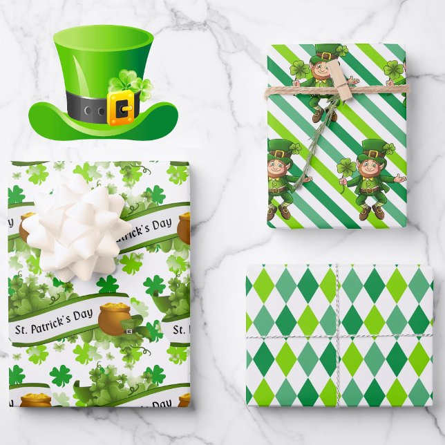 St. Patrick's Day Green Shamrocks Leprechaun Fun 3 Wrapping Paper Sheet (Creator Uploaded)