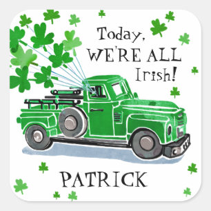 St. Patrick's Day Green Vintage Truck Add Name Square Sticker