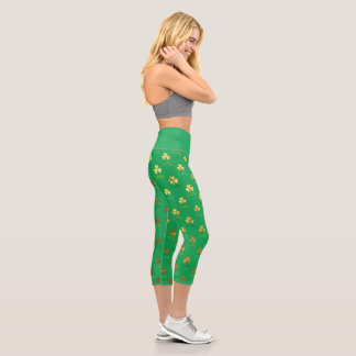 St. Patrick's Day Green with Gold Shamrocks  Capri Leggings
