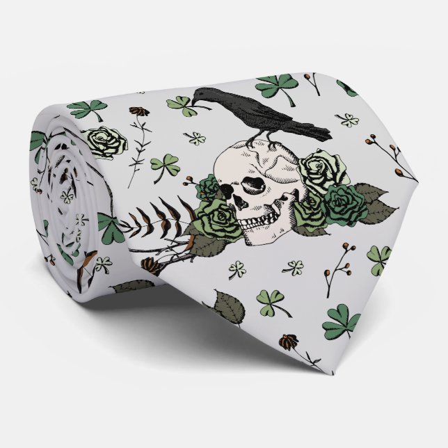 St Patrick's Day Grey & Green Skulls & Roses Tie (Rolled)