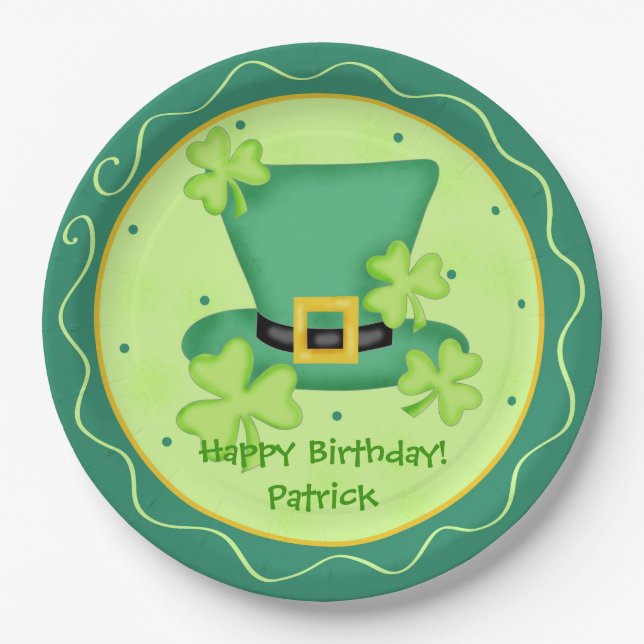St. Patrick's Day Happy Birthday Name Personalised Paper Plate (Front)
