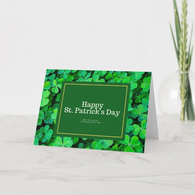 St. Patrick's Day Happy with Shamrock on green  Holiday Card (Front)