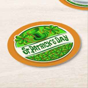 St Patrick's Day Hat Shamrocks Green Orange Round Paper Coaster