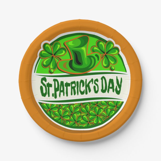 St Patrick's Day Hat Shamrocks Green Orange small Paper Plate (Front)