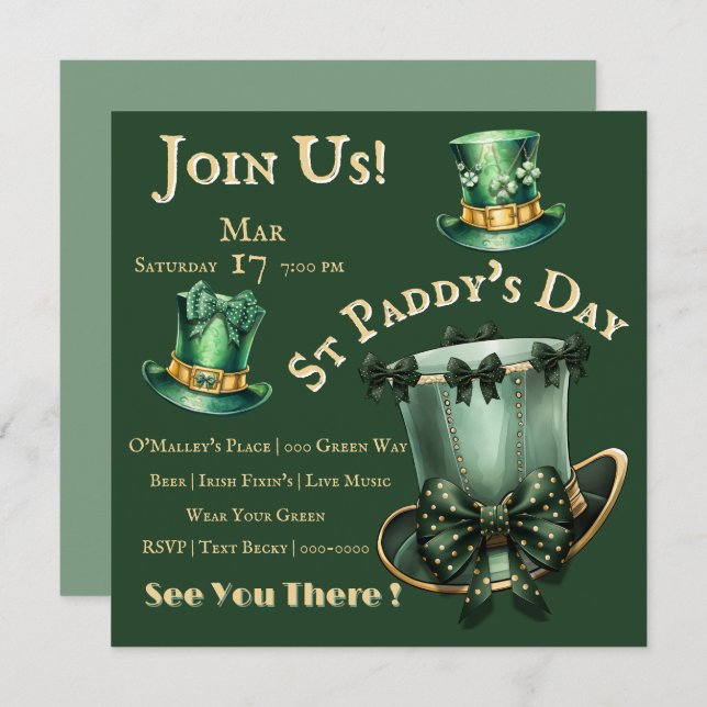 St Patrick's Day Hats and Bows Party  Invitation (Front/Back)