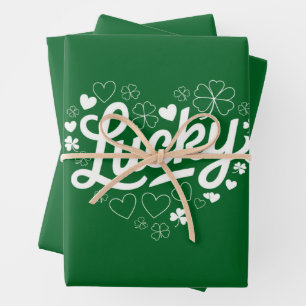 St Patrick's Day Heart Lucky Clover Shamrock Wrapping Paper Sheet