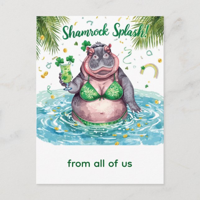 St. Patrick's day hippo pool party  Holiday Postcard (Front)