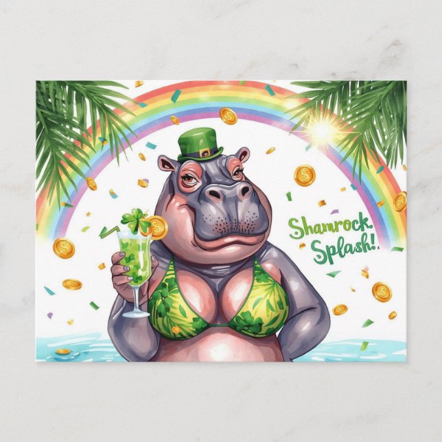 St. Patrick's day hippo pool party  Holiday Postcard (Front)