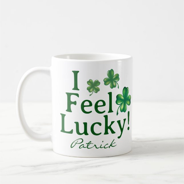 St. Patrick's Day I Feel Lucky Green Shamrock Trio Coffee Mug (Left)