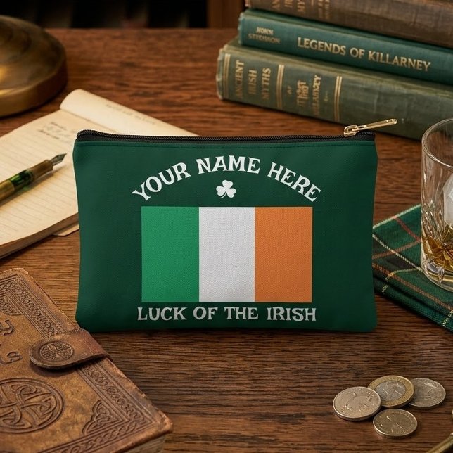 St Patrick's Day Ireland Flag Custom Name Shamrock Accessory Pouch (Creator Uploaded)