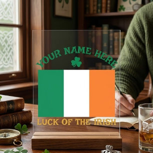 St Patrick's Day Ireland Flag Custom Name Shamrock Acrylic Sign