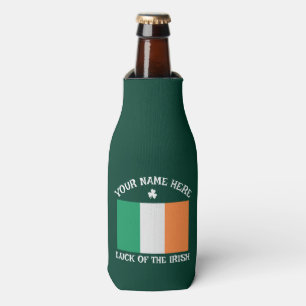 St Patrick's Day Ireland Flag Custom Name Shamrock Bottle Cooler