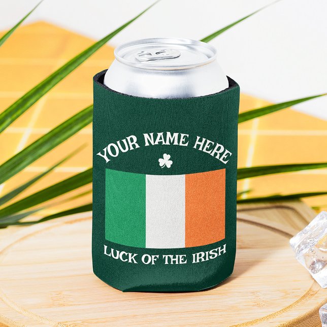 St Patrick's Day Ireland Flag Custom Name Shamrock Can Cooler (Creator Uploaded)