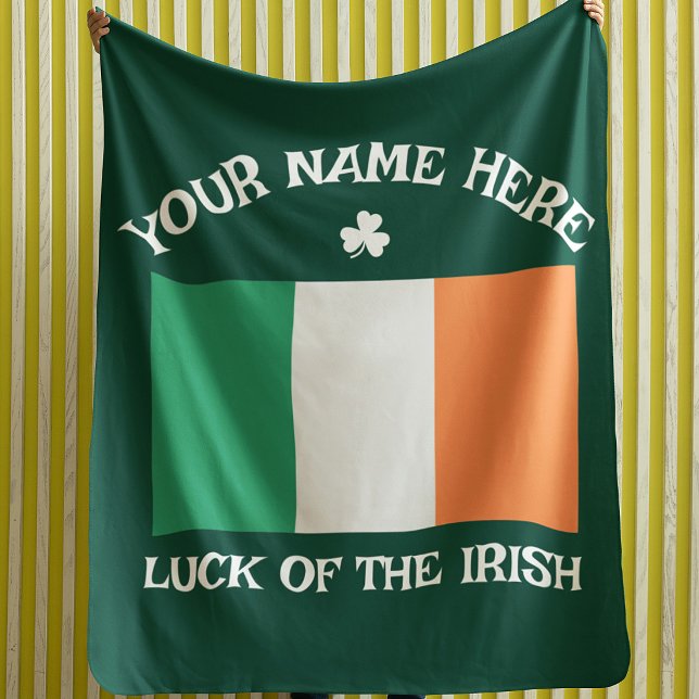 St Patrick's Day Ireland Flag Custom Name Shamrock Fleece Blanket (Creator Uploaded)
