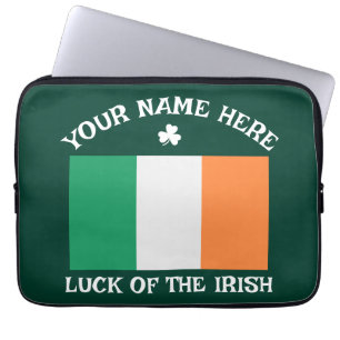 St Patrick's Day Ireland Flag Custom Name Shamrock Laptop Sleeve