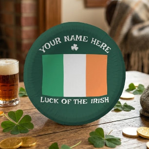 St Patrick's Day Ireland Flag Custom Name Shamrock Paper Plate