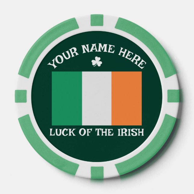 St Patrick's Day Ireland Flag Custom Name Shamrock Poker Chips (Front)