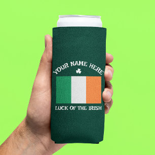 St Patrick's Day Ireland Flag Custom Name Shamrock Seltzer Can Cooler