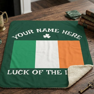 St Patrick's Day Ireland Flag Custom Name Shamrock Sherpa Blanket